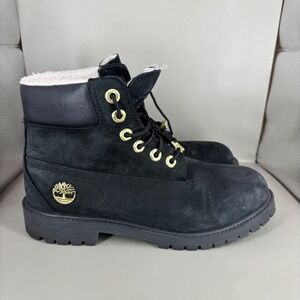 Timberland 6 Inch Premium Black Nubuck Gold Hardware Shearling Boots A433R 6.5Y